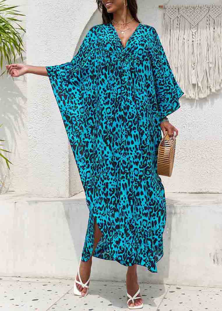 Side Blue Chiffon Neck Open Beach V Print Sea Summer Dress