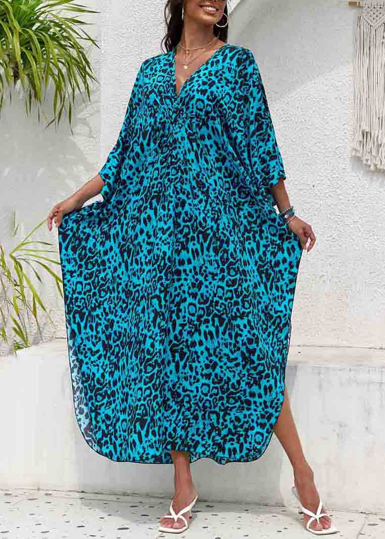 Side Blue Chiffon Neck Open Beach V Print Sea Summer Dress