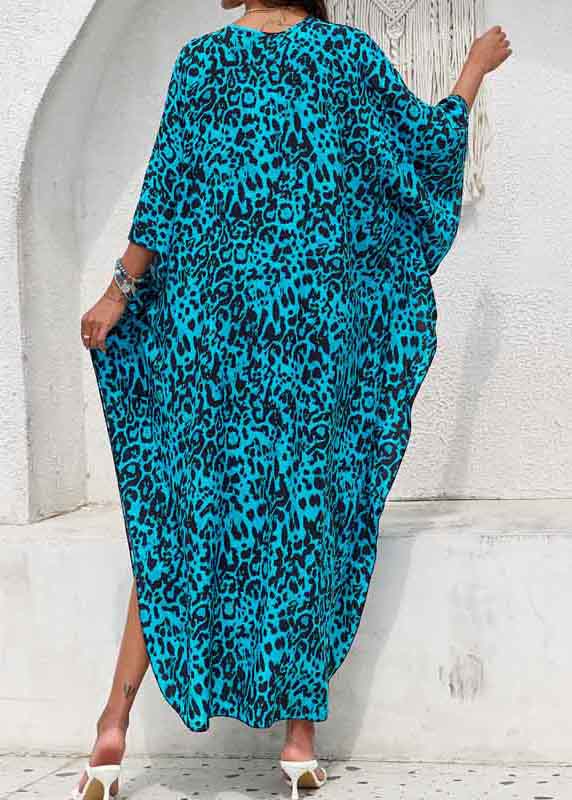 Side Blue Chiffon Neck Open Beach V Print Sea Summer Dress