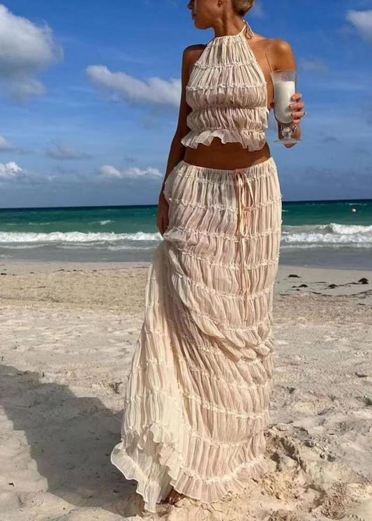 Sexy Two Piece Backless Apricot Halter Wrinkled Set