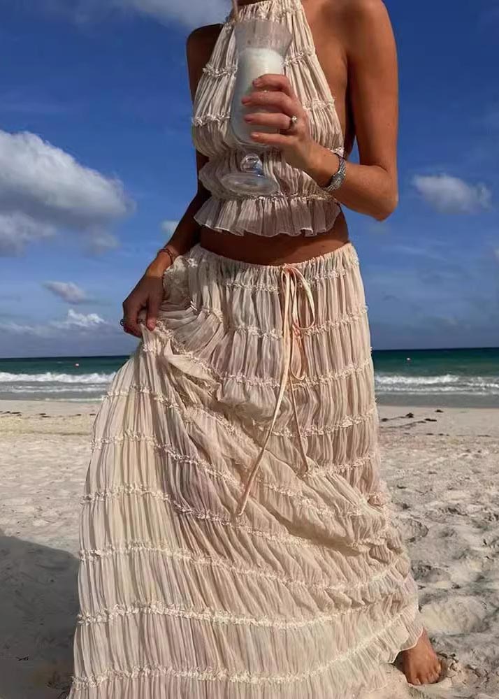 Sexy Two Piece Backless Apricot Halter Wrinkled Set