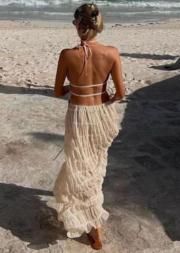 Sexy Two Piece Backless Apricot Halter Wrinkled Set