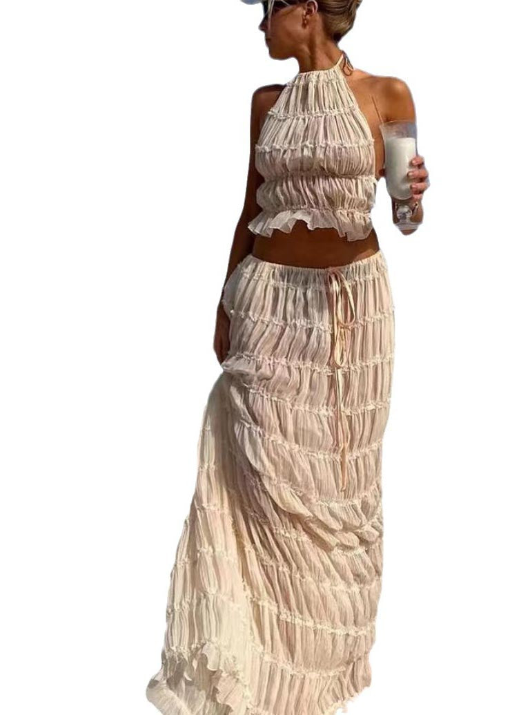 Sexy Two Piece Backless Apricot Halter Wrinkled Set