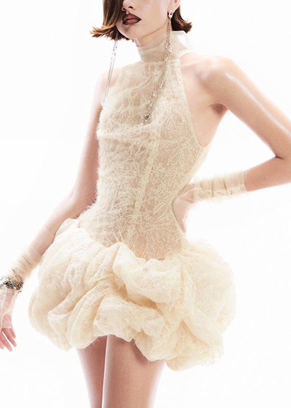 Turtleneck Patchwork Sleeveless Dress Lace Mid Sexy Apricot