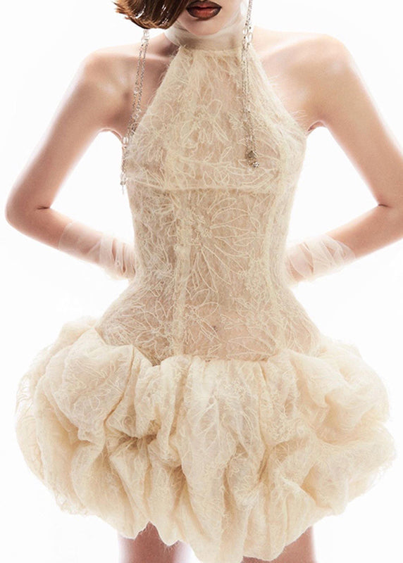 Turtleneck Patchwork Sleeveless Dress Lace Mid Sexy Apricot