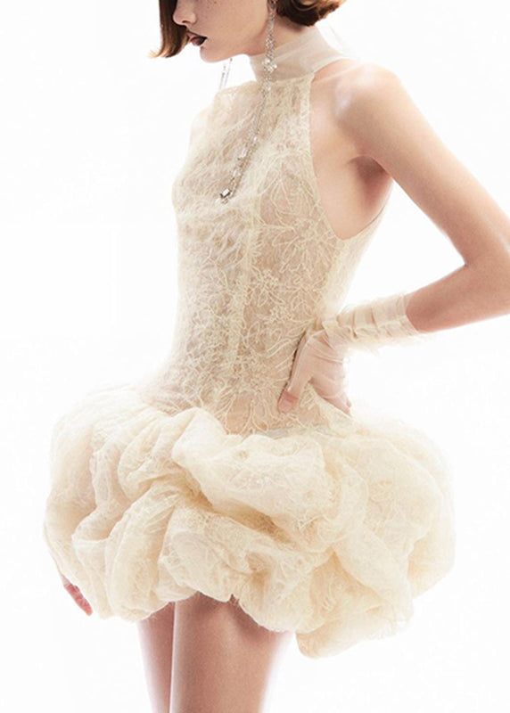 Turtleneck Patchwork Sleeveless Dress Lace Mid Sexy Apricot