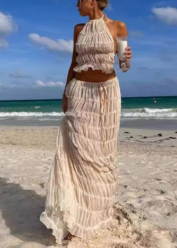 Sexy Beige Two Lace Sleeveless Up Chiffon Ruffled Set Pieces
