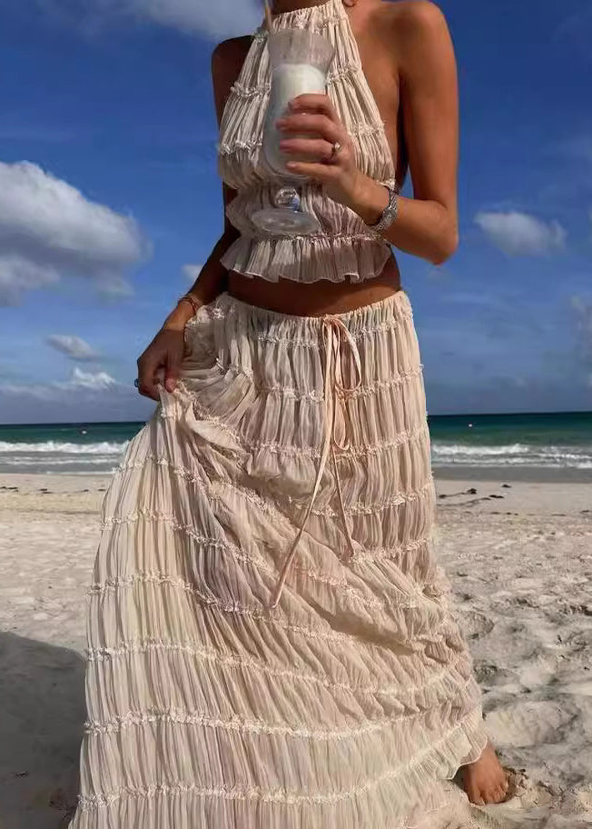 Sexy Beige Two Lace Sleeveless Up Chiffon Ruffled Set Pieces
