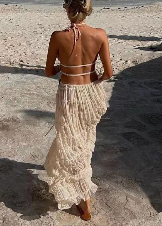 Sexy Beige Two Lace Sleeveless Up Chiffon Ruffled Set Pieces