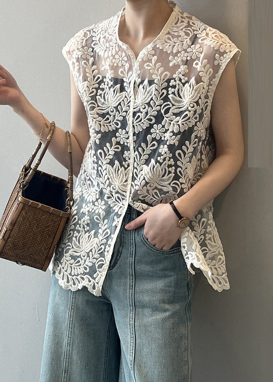 Sexy Beige V Neck Embroidered Floral Hollow Out Shirts Summer VB1076