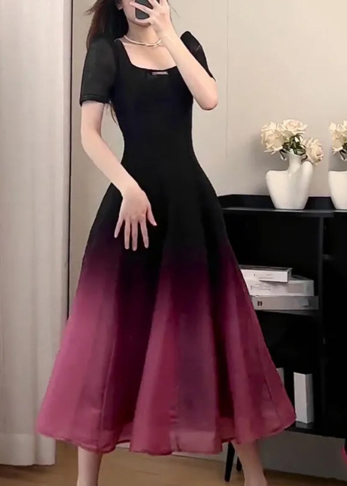 Sexy Black O-Neck Gradient Color Long Dresses Short Sleeve UU1059