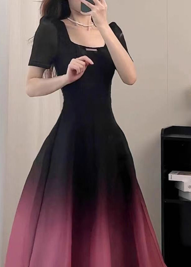 Sexy Black O-Neck Gradient Color Long Dresses Short Sleeve UU1059