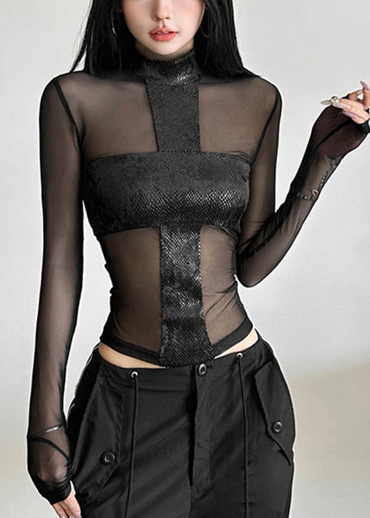 Sexy Spring Top Black Turtleneck Sheer Tulle