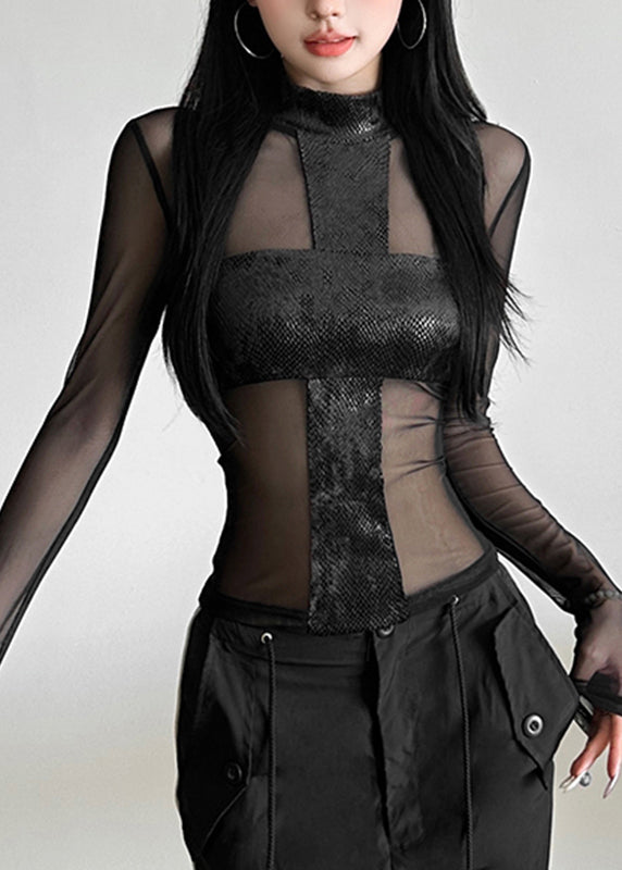 Sexy Spring Top Black Turtleneck Sheer Tulle