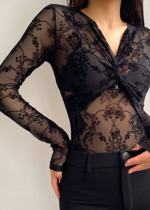 Neck Bodysuit Sexy Tulle Flocking Black Wrinkled V