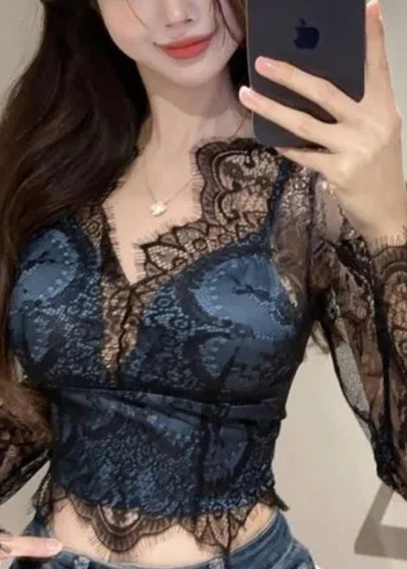 Hollow Out Black Spring Neck Lace V Shirt Sexy