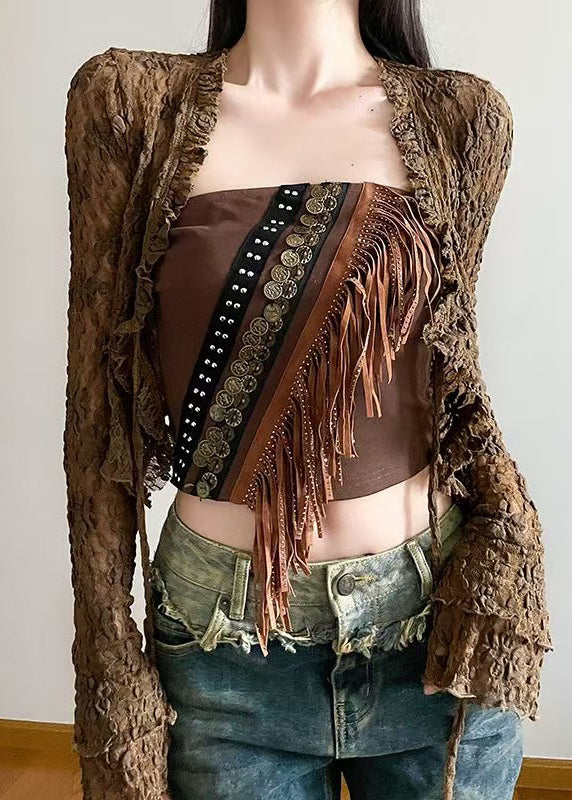 Cardigans Two Up Brown Sexy Tank Tasseled Lace Out And Hollow