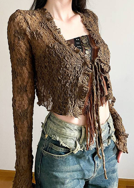 Cardigans Two Up Brown Sexy Tank Tasseled Lace Out And Hollow
