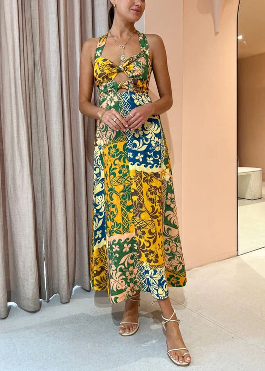 Sexy Leinen-Ferienkleid mit Farbblock-Print und Schnürung, ärmellos FF079