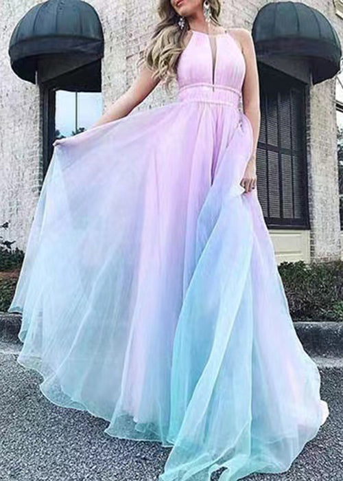 Sexy Gradient Color V Neck High Waist Tulle Maxi Dresses Sleeveless WW1036