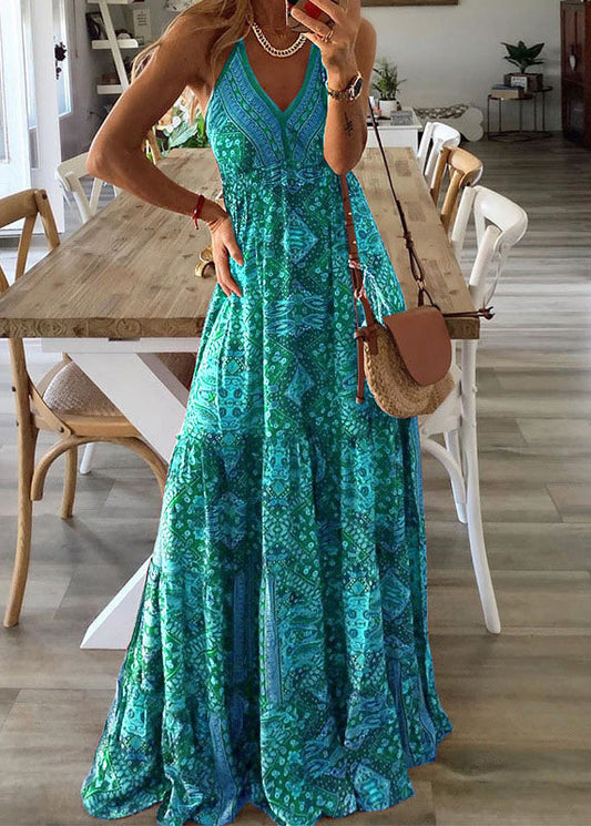 Sleeveless Spaghetti Dress Holiday Print Strap Green V Long Neck Sexy