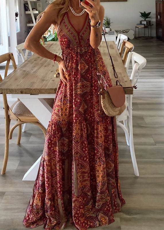 Sleeveless Spaghetti Dress Holiday Print Strap Green V Long Neck Sexy