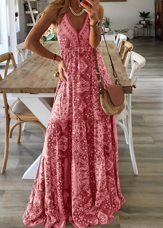 Strap Spaghetti Holiday Green Sexy Print V Neck Dress Long