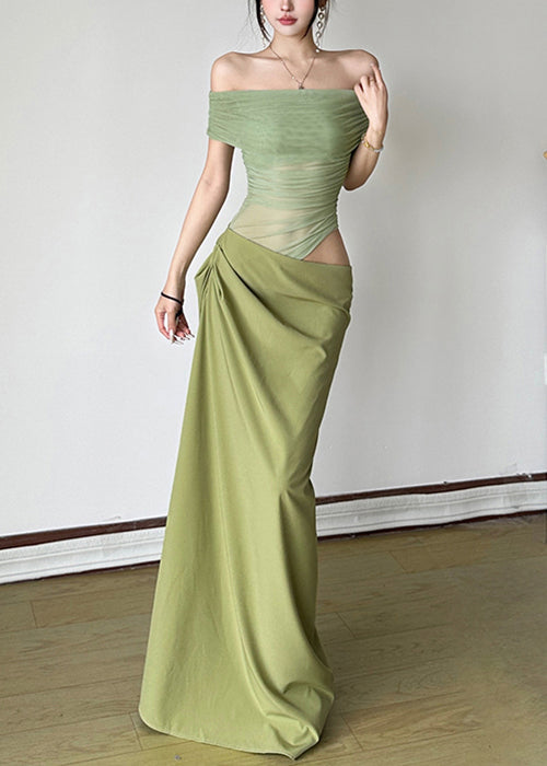 Patchwork Tulle Green Sexy Wrinkled Summer Dresses Maxi