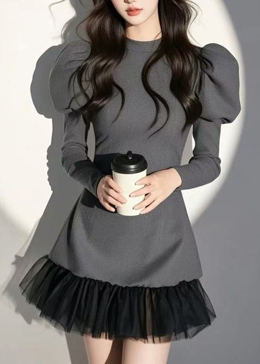 Dress Patchwork Mid O-Neck Sexy Sleeve Puff Grey