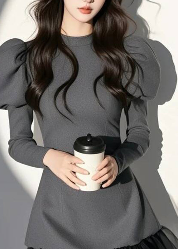 Dress Patchwork Mid O-Neck Sexy Sleeve Puff Grey