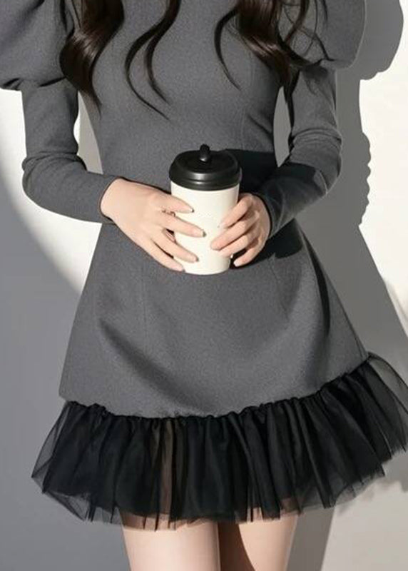Dress Patchwork Mid O-Neck Sexy Sleeve Puff Grey