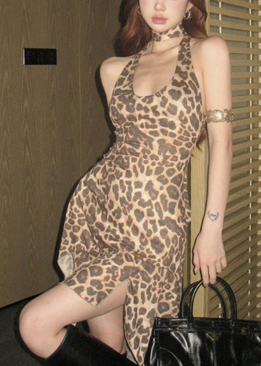 Sexy Leopard Halter Asymmetrical Design Dress Summer EE1018