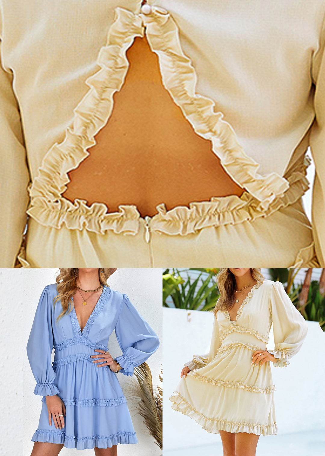 Light Patchwork Dress Sexy Ruffled Blue Mid Sleeve Lantern