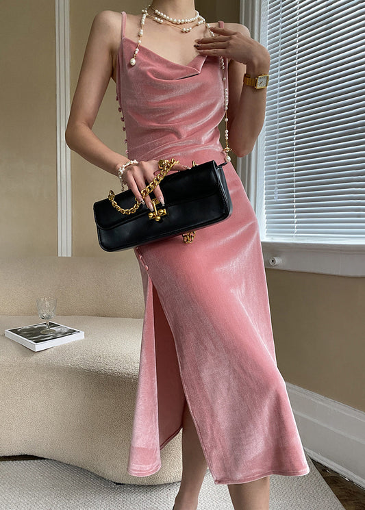 Sexy Pink Button Side Open Silk Velvet Spaghetti Strap Dress Sleeveless