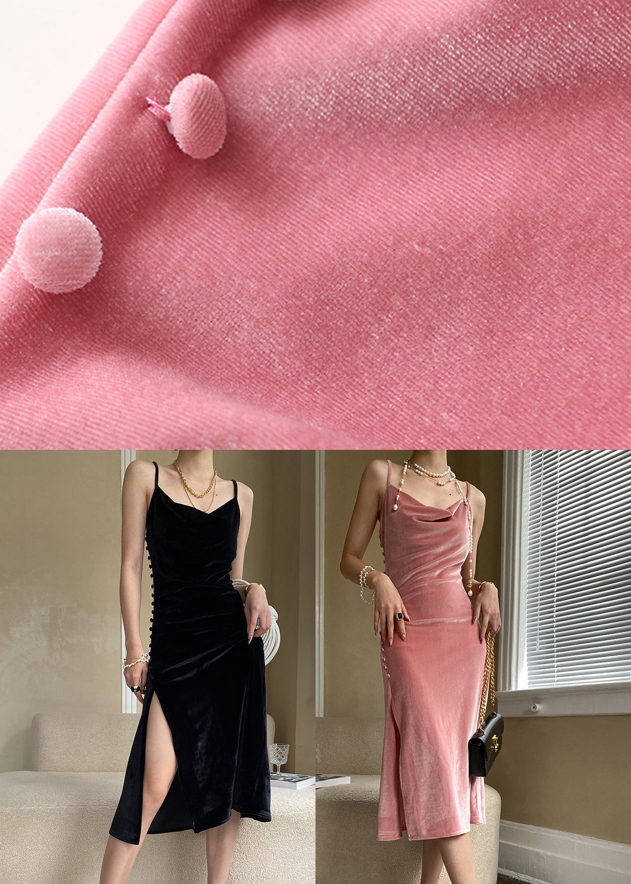 Sexy Pink Button Side Open Silk Velvet Spaghetti Strap Dress Sleeveless