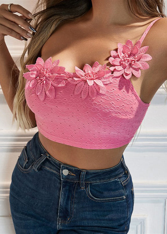 Flower Camisole Top Pink Sexy Dimensional Shoulder Single With
