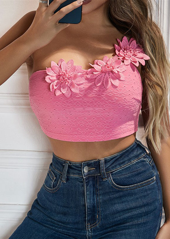 Flower Camisole Top Pink Sexy Dimensional Shoulder Single With