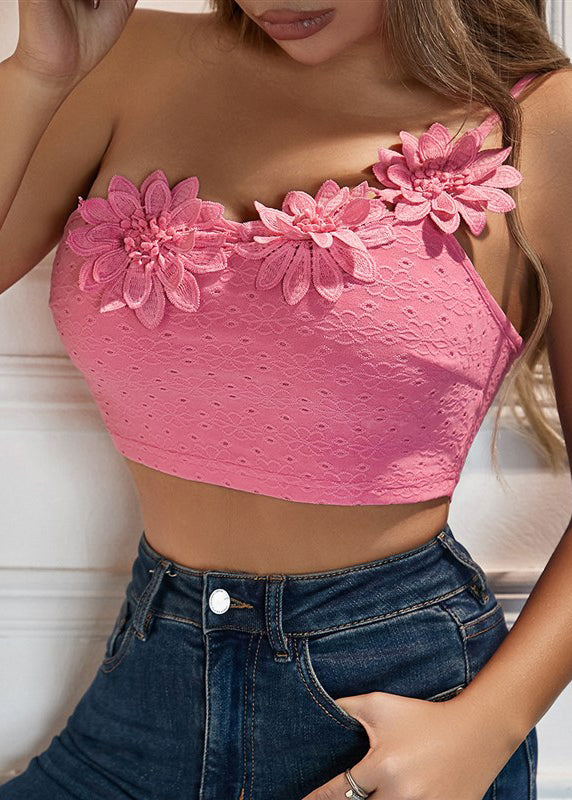Flower Camisole Top Pink Sexy Dimensional Shoulder Single With