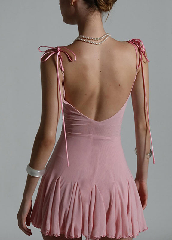 Patchwork Mid Dress Pink Sexy Strap Spaghetti Tulle Sleeveless