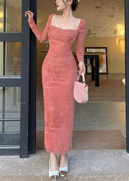 Sexy Pink Square Collar Side Open Cotton Long Dress Spring YT008