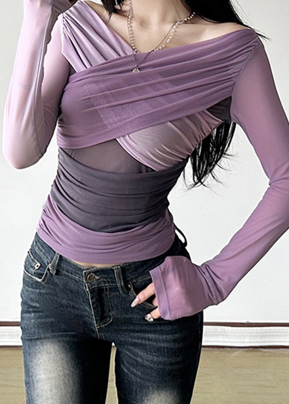 Purple Slash Wrinkled Tulle Neck Sexy Top Spring