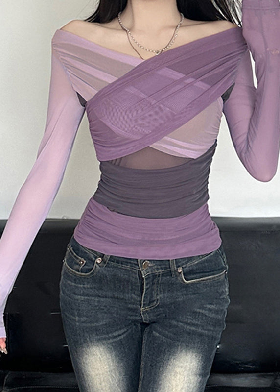 Purple Slash Wrinkled Tulle Neck Sexy Top Spring
