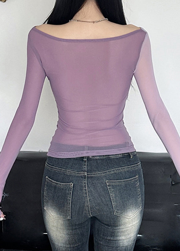 Purple Slash Wrinkled Tulle Neck Sexy Top Spring