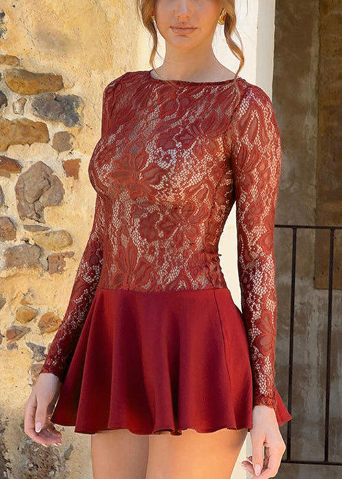 Spring Dress Lace Mid Hollow Out Solid Sexy Red