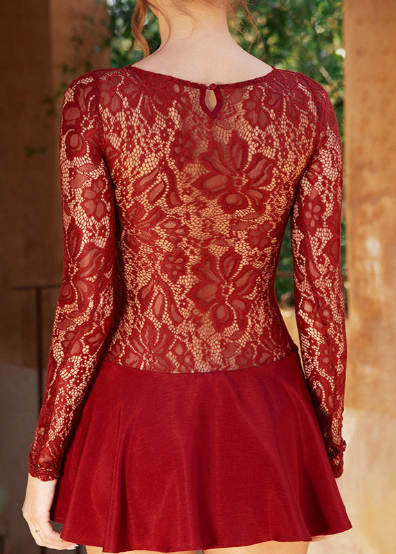 Spring Dress Lace Mid Hollow Out Solid Sexy Red