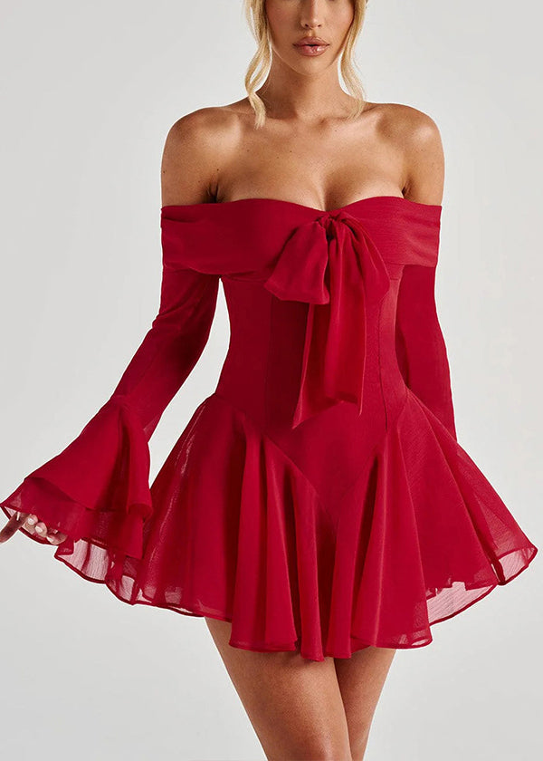 Neck Red Slash Mid Flare Dress Sexy Cotton Bow Sleeve