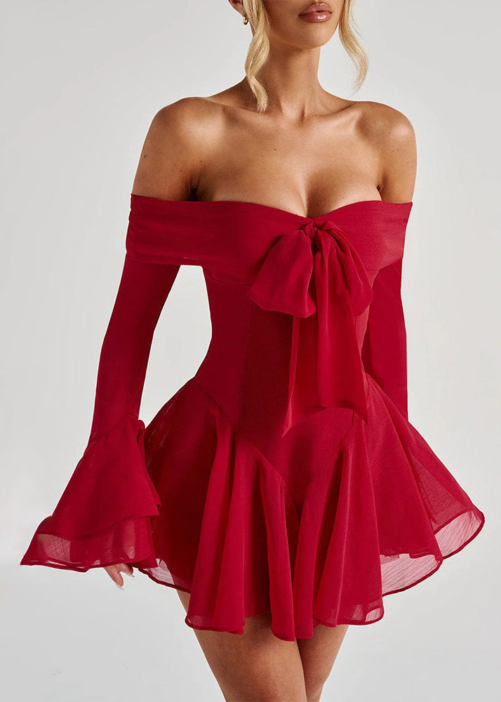 Neck Red Slash Mid Flare Dress Sexy Cotton Bow Sleeve