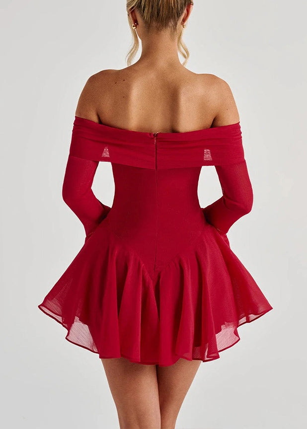 Neck Red Slash Mid Flare Dress Sexy Cotton Bow Sleeve