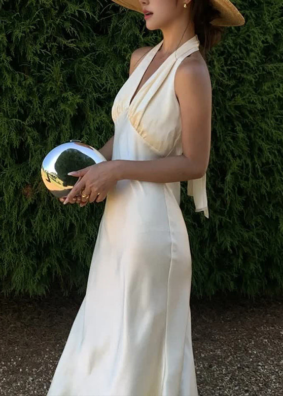 Neck Dresses Long Sexy Backless Sleeveless Silk V Halter