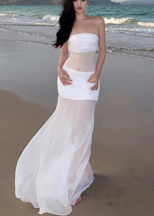 Dress White Sleeveless Tulle Floral Long Cold Shoulder Sexy